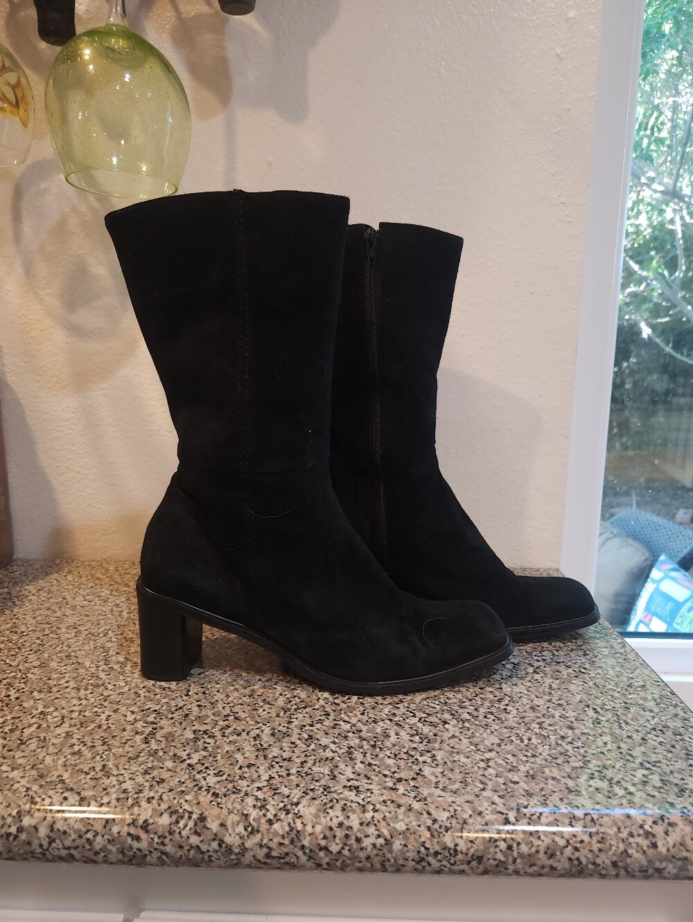 Liz Claiborne Black Suede Mid-Calf Block Heel Boots